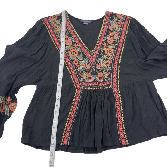American Eagle Women Black Boho Embroidered 3/4 Sleeve Peasant Crop Blouse SZ XS - Picture 6 of 10